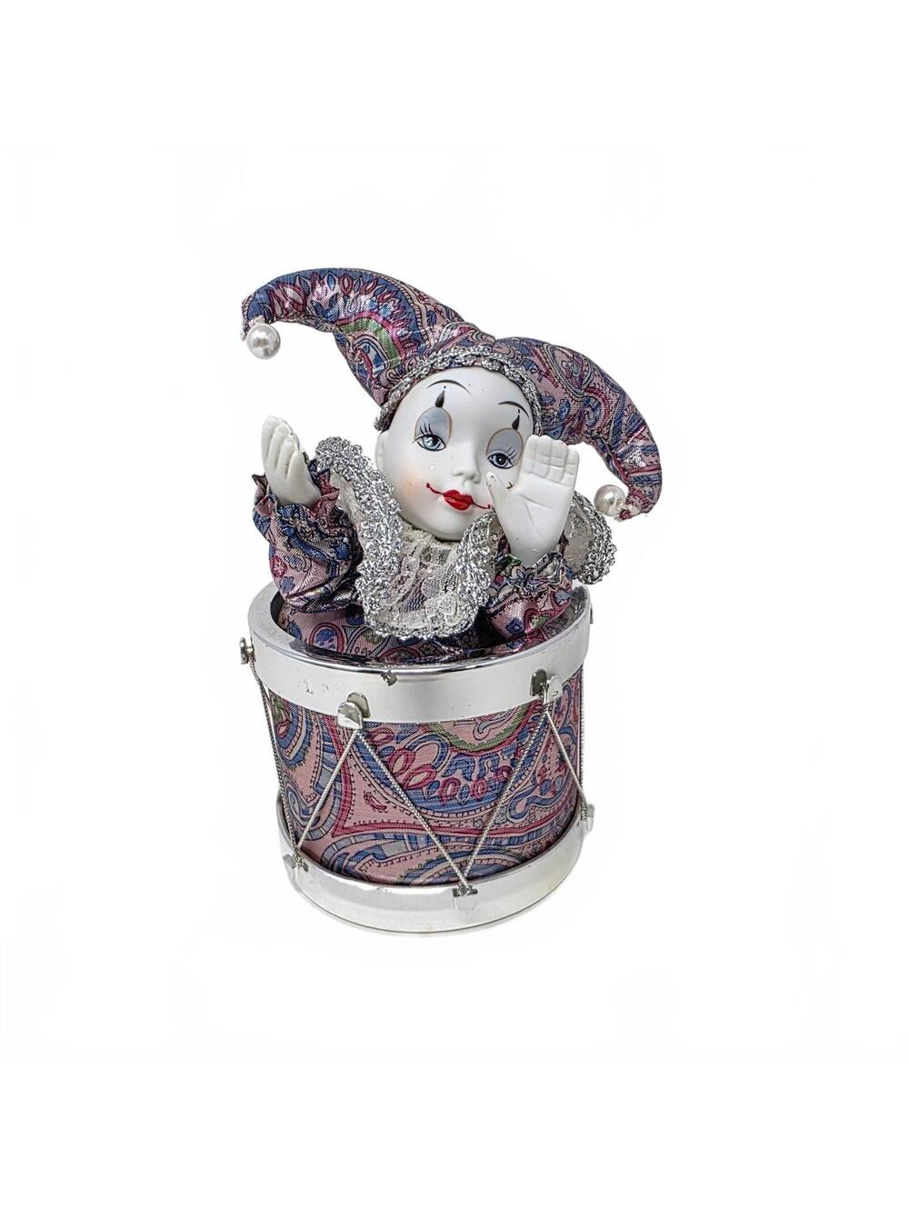 Vintage Animated Porcelain Jester Drum Music Box It’s a Small World